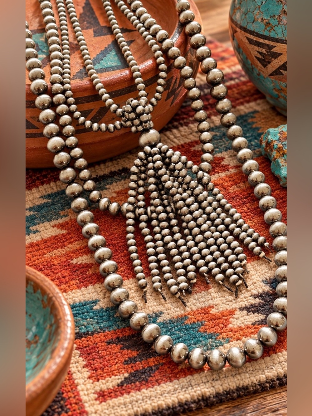 Southwest Western Navajo Pearl Inspired Tassel Beaded Costume Necklace Set - Picture 4 of 6